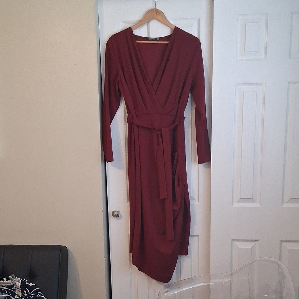 Boohoo Burgundy Long Sleeve Wrap Dress